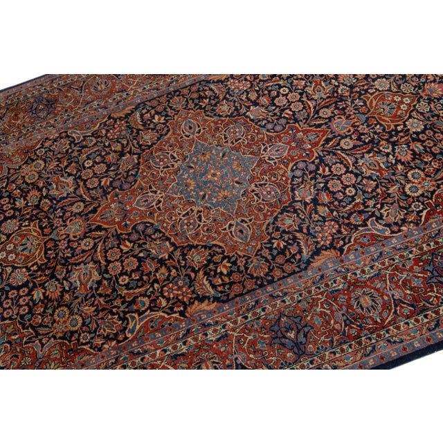 Antique Persian Kashan Handmade Medallion Blue and Red Scatter Rug For Sale In New York - Image 6 of 7