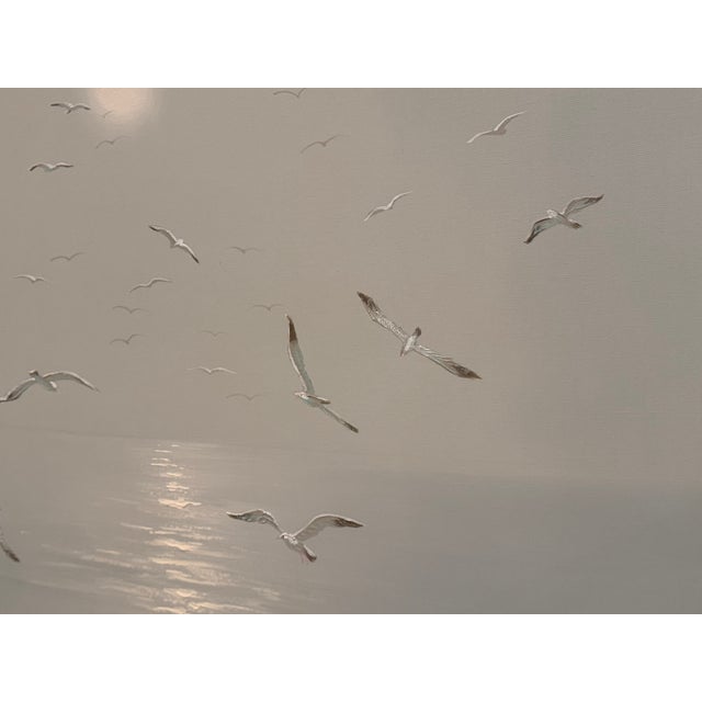 Metal Vintage Lee Reynolds Vanguard Studios Seascape Oil Painting – Mid-Century Modern Coastal Seagulls Over Water, Large Framed Artwork For Sale - Image 7 of 8