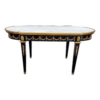 1960s Designer Couch Table in Louis XVI Black, White Marble For Sale