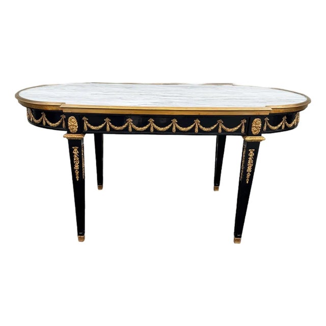 1960s Designer Couch Table in Louis XVI Black, White Marble For Sale