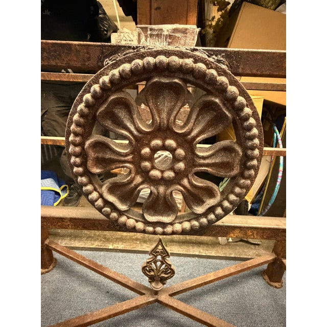 Metal Vintage Brass & Glass Console Table – Ornate Metal Base With Floral Medallion Detail For Sale - Image 7 of 10