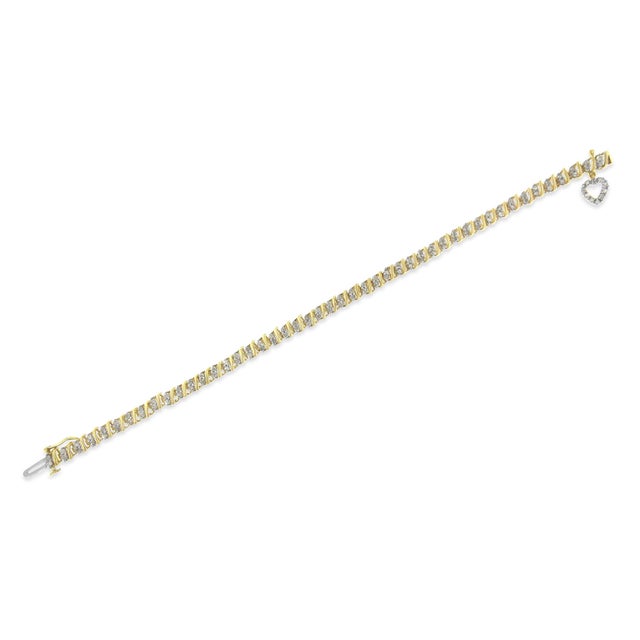 Early 21st Century 10K Yellow Gold 2.0 Cttw Diamond 2 Row Link and Heart Charm 7" Link Bracelet (I-J Color, I3 Clarity) For Sale - Image 5 of 7