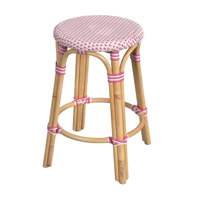 Wood Tobias 24 in. Seat Height Round Rattan Backless Counter Stool, White/Pink Dot/ Natural Rattan Frame For Sale - Image 7 of 7