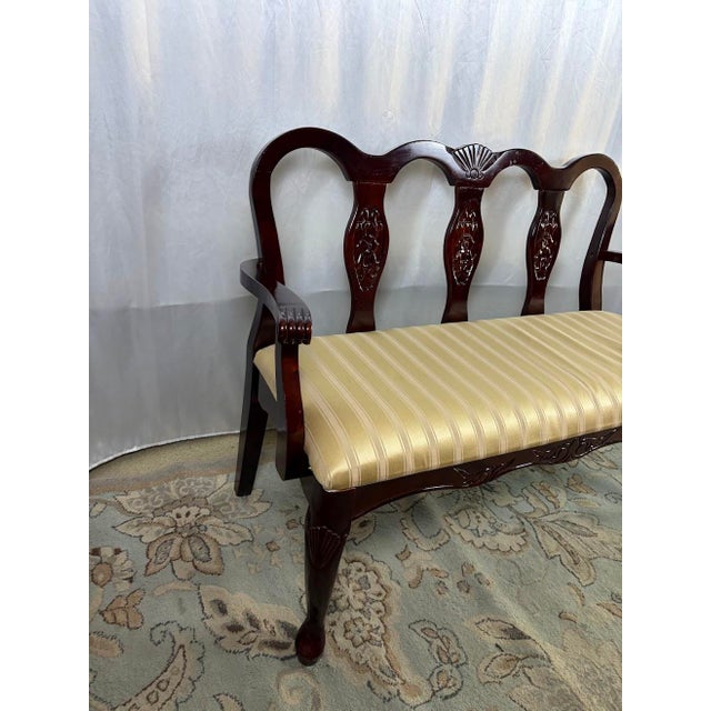 Vintage Queen Anne Style Triple-Back Walnut Settee With Stripe Satin Cushion For Sale - Image 4 of 12