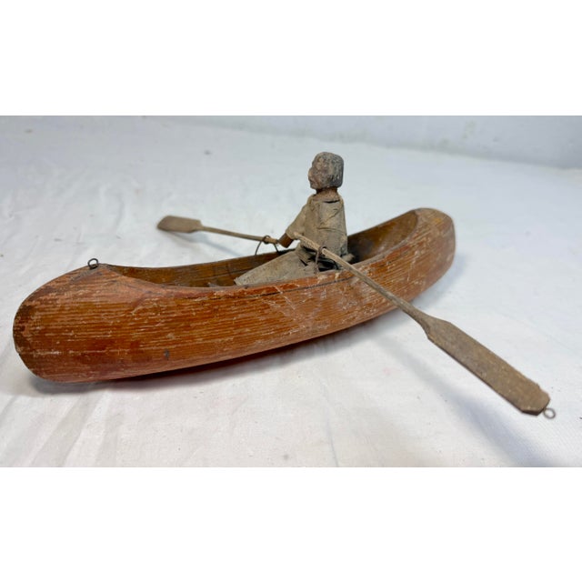 Antique Hand Carved Wood Canadian Inuit Eskimo Art Wood Sculpture Canoe Man For Sale - Image 10 of 12