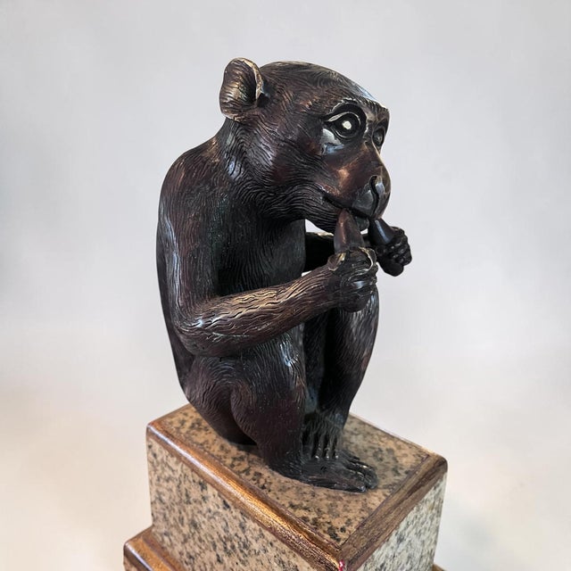 Hollywood Regency Vintage Maitland-Smith Bronze Monkey Sculpture on Stone Pedestal For Sale - Image 3 of 12