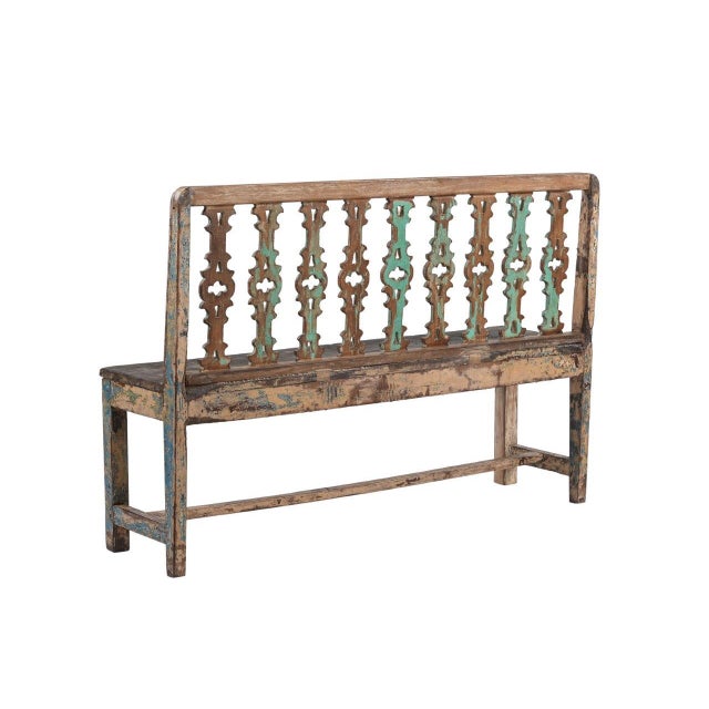 Vintage Indian Painted Teakwood Bench For Sale - Image 4 of 4