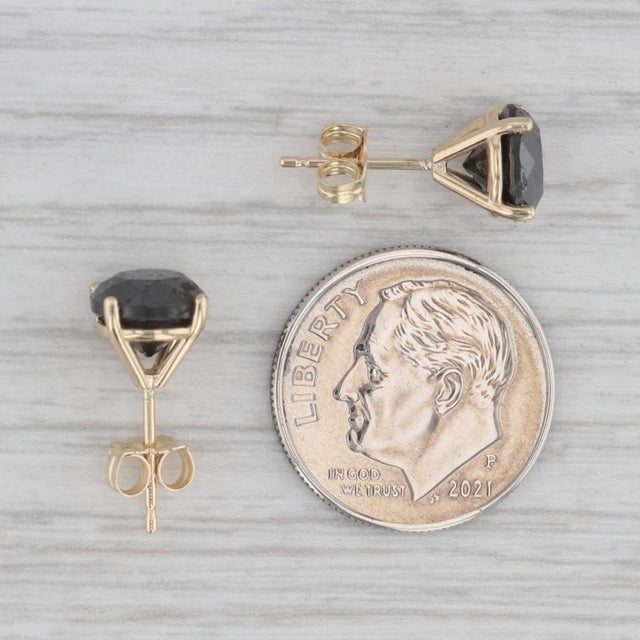 New 3.70ctw Black Diamond Stud Earrings 14k Yellow Gold Round Solitaires - 2 Pieces For Sale In Greensboro - Image 6 of 6