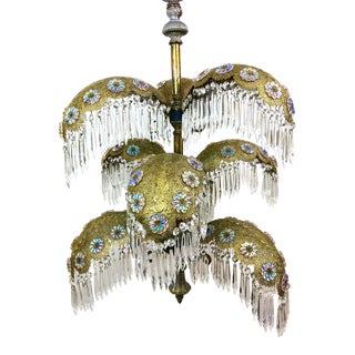 Vintage Bohemian 9 Light Gold Metal Filigree Palm Frond Crystal Chandelier For Sale