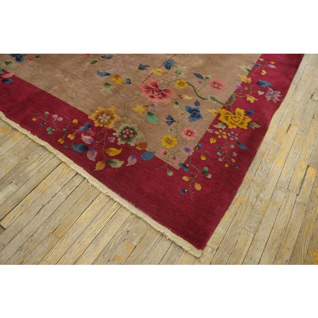 1920s Tan Ecru Floral Antique Chinese Art Deco Rug 8'8' 'X 11'6'' Knotted Wool Carpet For Sale - Image 9 of 9