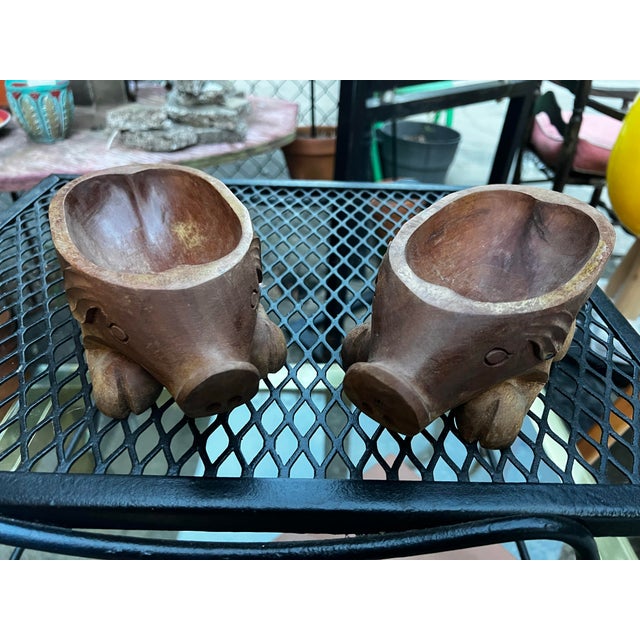 Wood 1970s Pair of Wooden Hand Carved Pig Catchalls For Sale - Image 7 of 11