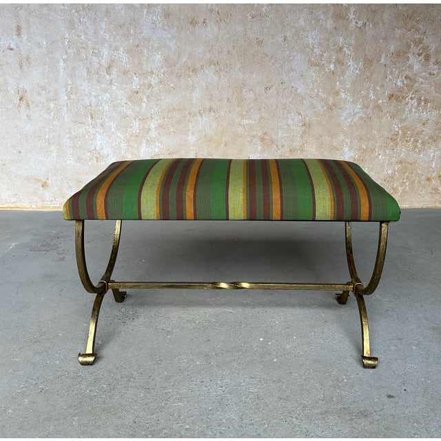 Gold Hand-Forged Spanish Style Gilt Iron Bench With Striped Cotton Linen Seat For Sale - Image 8 of 14