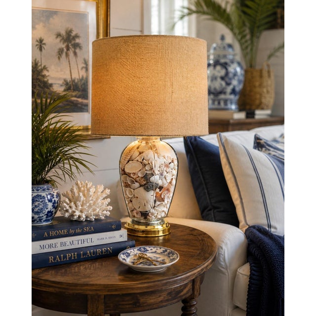 Vintage Coastal Seashell-Filled Glass Table Lamp With Burlap Shade For Sale - Image 12 of 12