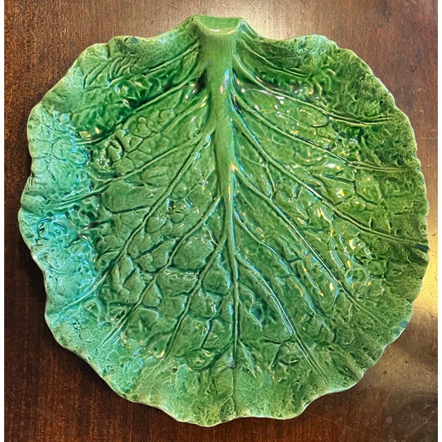 Early 20th Century Antique Portuguese Majolica Pottery Green Cabbage or Lettuce Leaf Serving Dish For Sale - Image 5 of 14