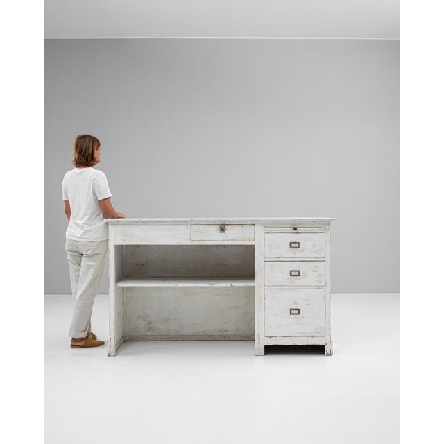 1900s French Wood White Patinated Shop Counter With Marble Top For Sale - Image 18 of 18