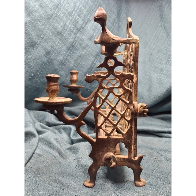 Antique Early 19thC Polish Brass Bench Menorah Lions Eagle Hanukkah Lamp Rare For Sale - Image 11 of 18