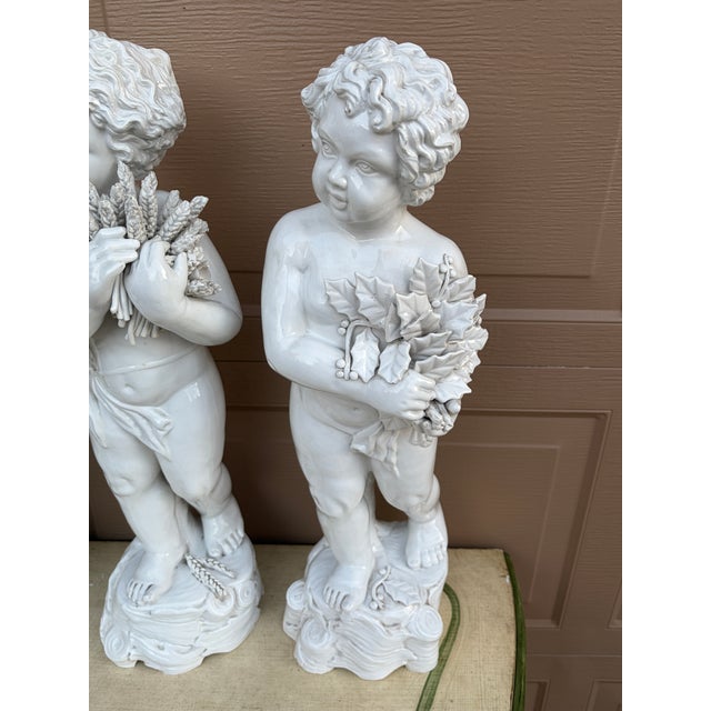 Mid 20th Century Neoclassical Italian White Porcelain Allegorical Cherub or Putti Statues of the Four Seasons, Set of 4 For Sale - Image 13 of 18
