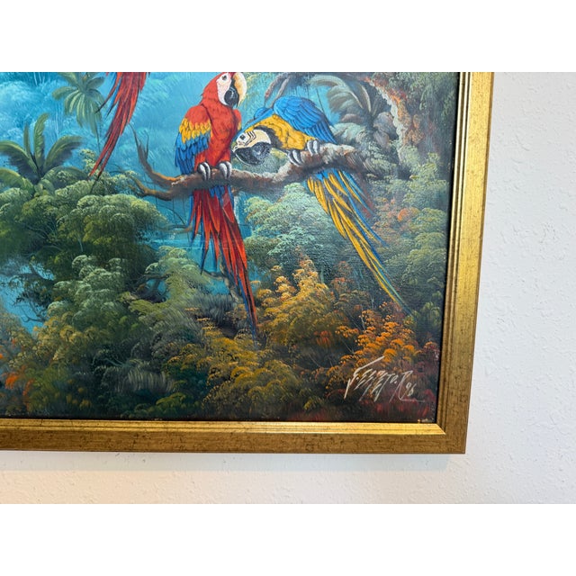 Vintage Tropical Parrot Oil Painting Signed 1996, Colorful Macaws Jungle Scene For Sale - Image 11 of 13