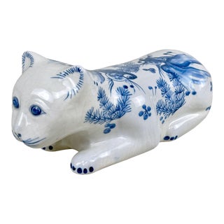 Vintage Chinese Blue & White Porcelain Cat Sculpture - 11" For Sale