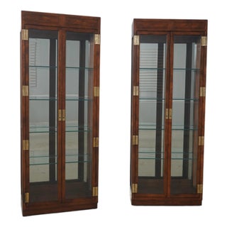 Pair Henredon Campaign Style Oak Curio Display Cabinets For Sale
