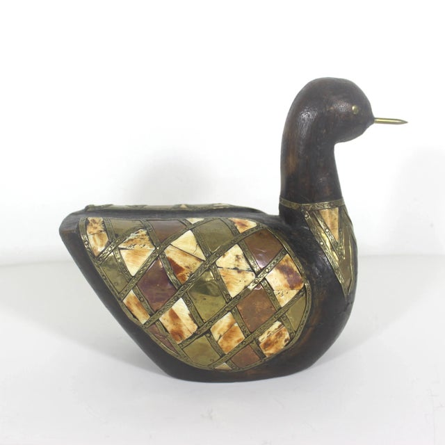 Vintage Duck Carved Wood Brass Copper Bone Folk Art For Sale - Image 6 of 9