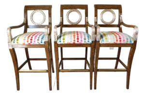 Vintage C1980s Mahogany Wood Silver Wreath Polka Dot Upholstered Bar Stools - Set of 3