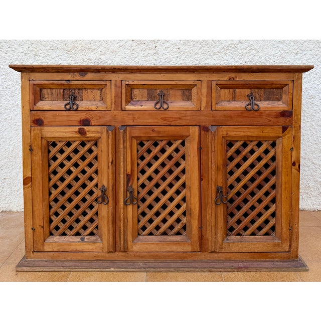 1960s 1960s Spanish Rustic Pine Sideboard With Lattice Doors and Iron Hardware For Sale - Image 5 of 10