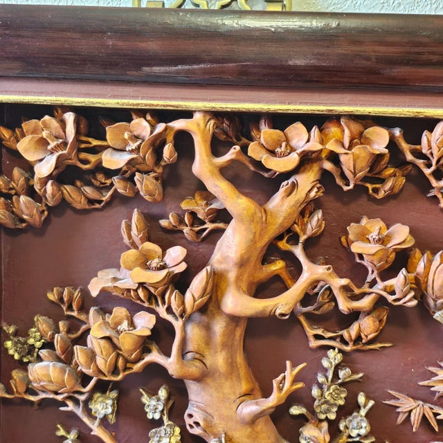 Antique Chinese Japanese Relief Carved Wood Lacquer Panel Birds Prunus Tree Wall For Sale - Image 4 of 11