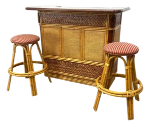 Mid Century Modern Woven Rattan and Bamboo Bar With Two Bar Stools