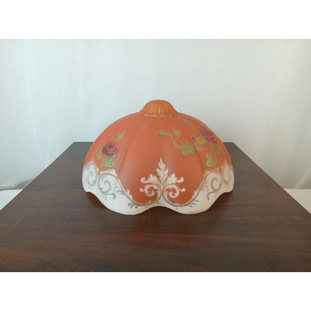 Vintage, puffy "Oxford" table lamp shade. Both outside and inside are painted. The floral patterns are painted on the...