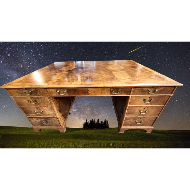 English Early 20th Century Spectacular Burled Walnut Partners Desk B & O Railroad For Sale - Image 3 of 18
