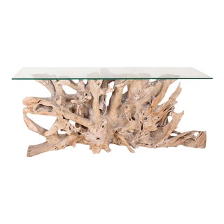 Modern Solid Natural Teak Root Freeform Console Table With Glass Top For Sale