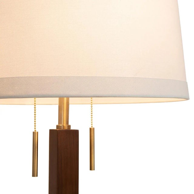 Swiss Cross Table Lamp - Dark Walnut Wood Finish, Weathered Brass, White Linen Shade For Sale - Image 6 of 12