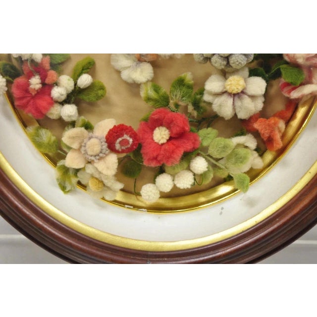 Wood Early 20th Century Victorian Oval Mahogany Shadow Box Frame Felt Cotton Flower Mourning Wall Wreath For Sale - Image 7 of 11