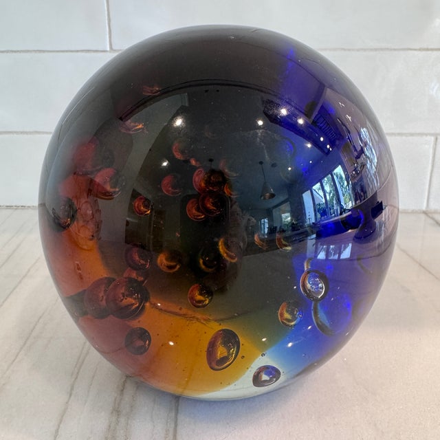 Glass Large 10 Lbs. Studio Art Glass Sphere Controlled Bubble Orb Murano Style Decor Rainbow Paper Weight For Sale - Image 7 of 13