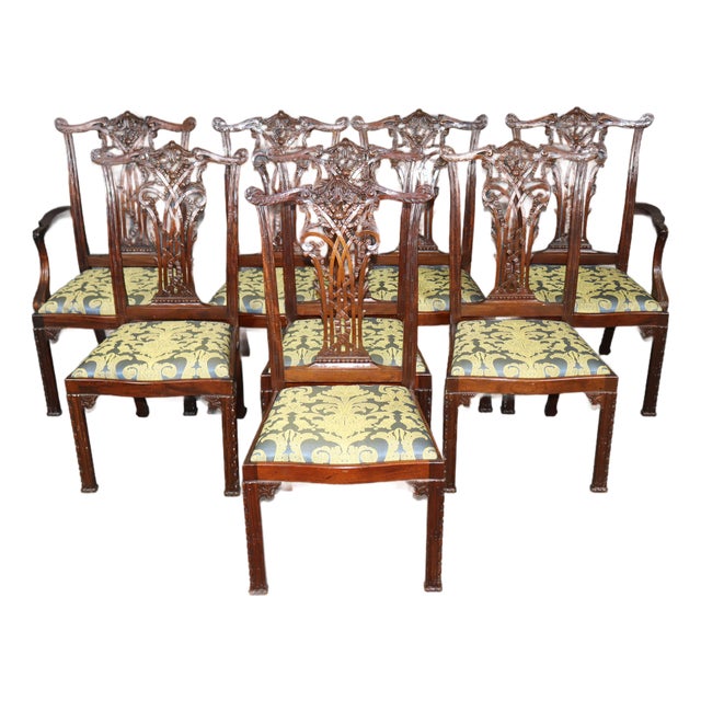 Set of 8 Fantastic Chinese Chippendale Style Carved Mahogany Dining Chairs For Sale