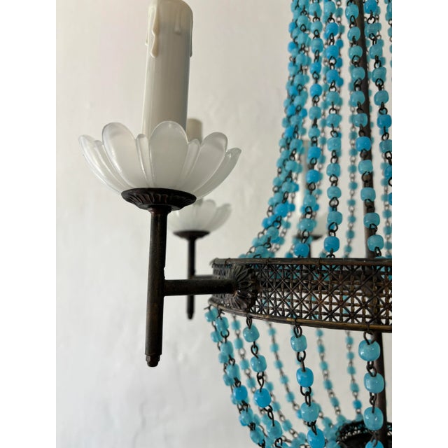 Blue Italian Empire White Murano Opaline Beads Blue Beaded Tole Chandelier, C 1900 For Sale - Image 8 of 10