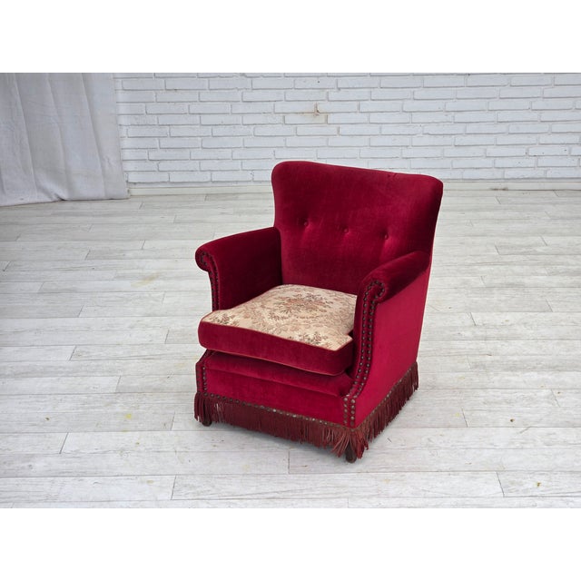 Danish Armchair in Red Velour and Ash, 1970s For Sale - Image 14 of 17