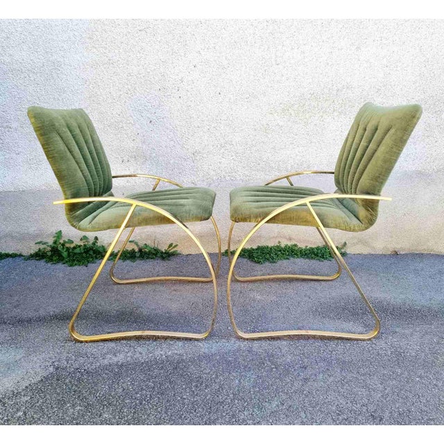 Italian Modern Brick Green Velvet and Gold Chromed Metal Chairs, 1970s, Set of 2, in Very Good conditions. Designed 1970...