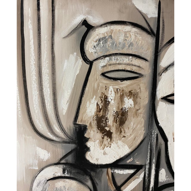 Beige Large Tom Hayward Abstract Figural Painting, Cubist Style Faces, Neutral Tones For Sale - Image 8 of 15