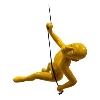 Yellow Position Climbing Man Durable Polyresin 3d Hanging Wall Art Sculpture with Leathered Rope and Hanging Hardware Included For Sale