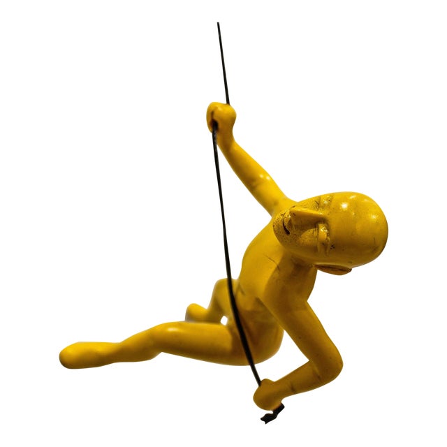Yellow Position Climbing Man Durable Polyresin 3d Hanging Wall Art Sculpture with Leathered Rope and Hanging Hardware Included For Sale