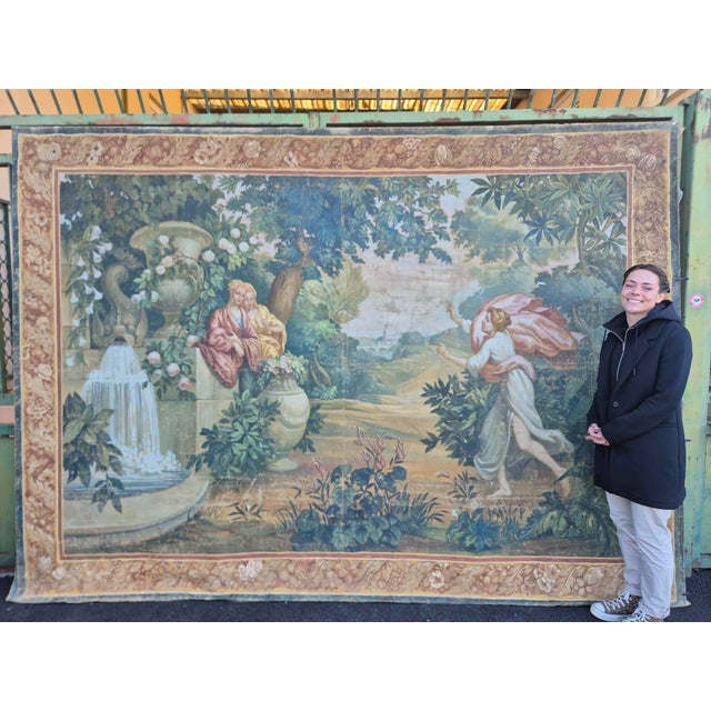 Large 19th-century painted canvas imitating a 17th-century tapestry from a château in Haute-Saône stretched on a newly...