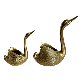 Pair of Mid-Century Brass Figurative Swan Planters Cachepots For Sale