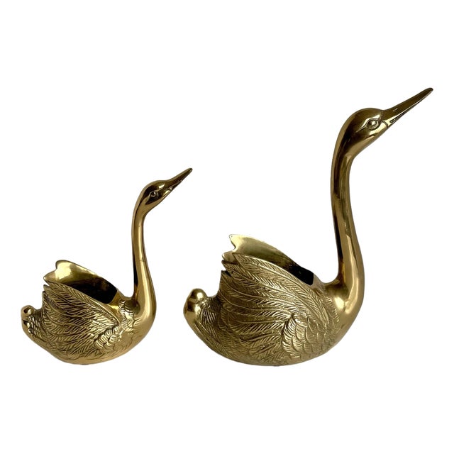 Pair of Mid-Century Brass Figurative Swan Planters Cachepots For Sale
