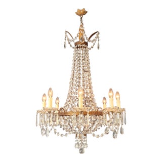 1930s Empire Brass Chandelier Crystal Lustre Ceiling Light Antique Classical For Sale