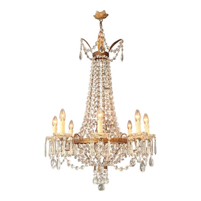 1930s Empire Brass Chandelier Crystal Lustre Ceiling Light Antique Classical For Sale