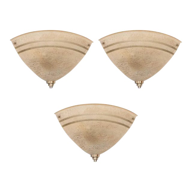 Set of Three Art Deco Machine Age Corner Sconces in Textured Bakelite and Brass For Sale