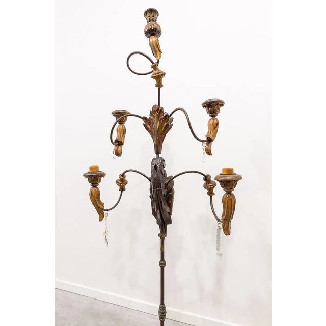 Large Standing Candleholder with 5 Lights in Forged Iron and Wood Carving, 1950s For Sale - Image 9 of 10