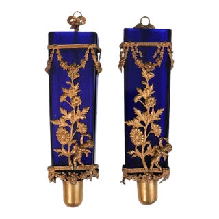 Pair Antique French Cobalt Glass Gilt Bronze Cherub Putti Wall Sconces For Sale